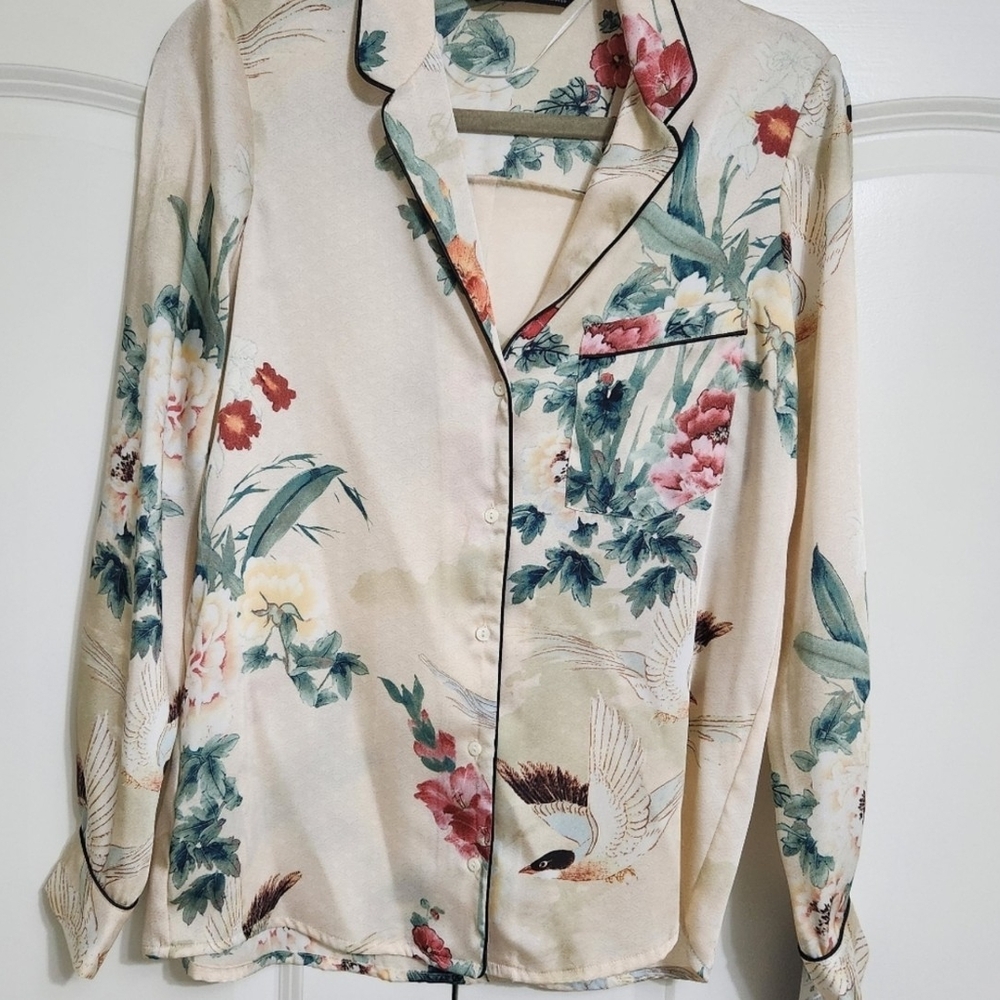 Zara Satin Oriental Japanesse Garden Floral PrintvShirt - Picture 7 of 8